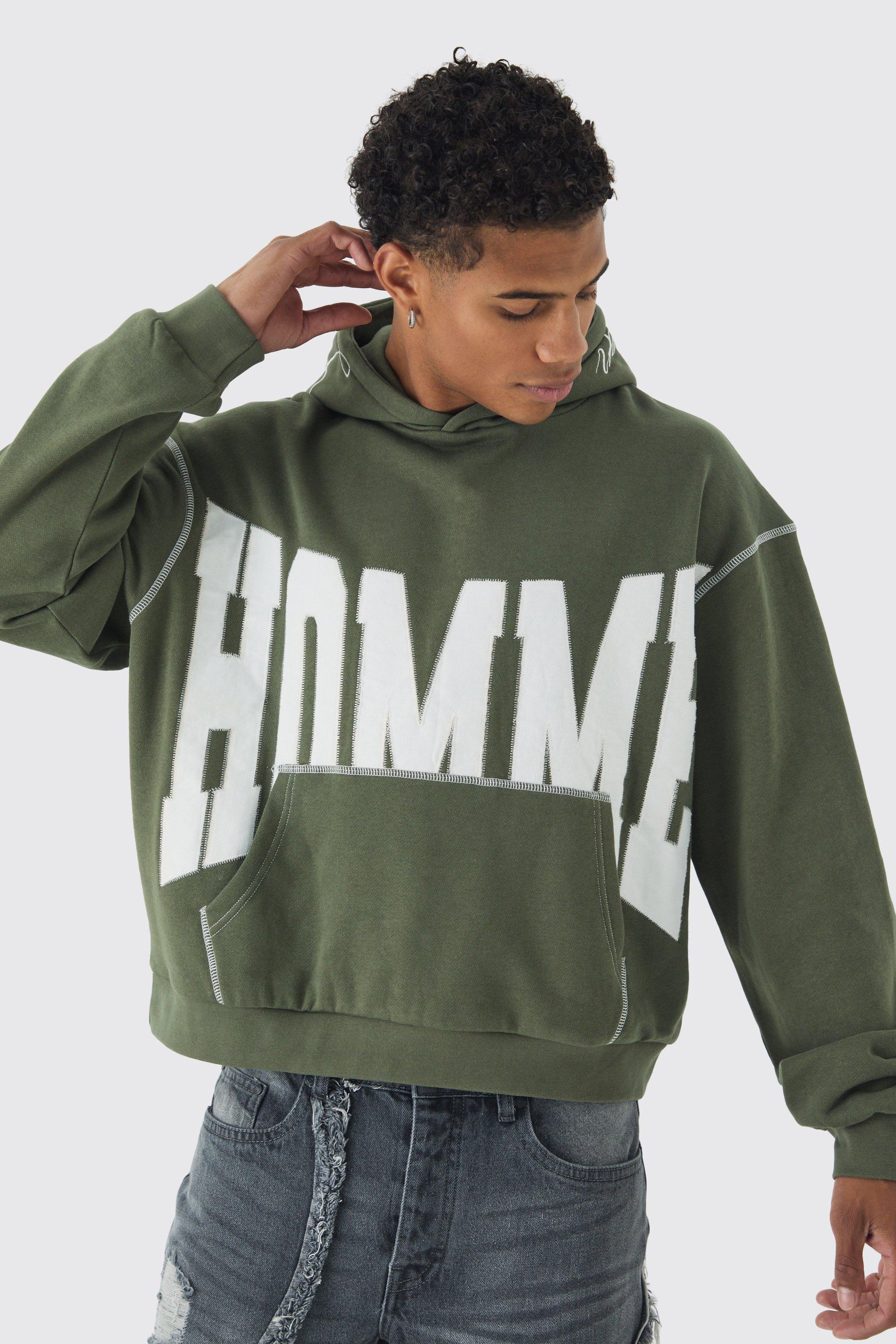 Oversized Boxy Twill Applique Contrast Stitch Hoodie | boohooMAN USA Product Image