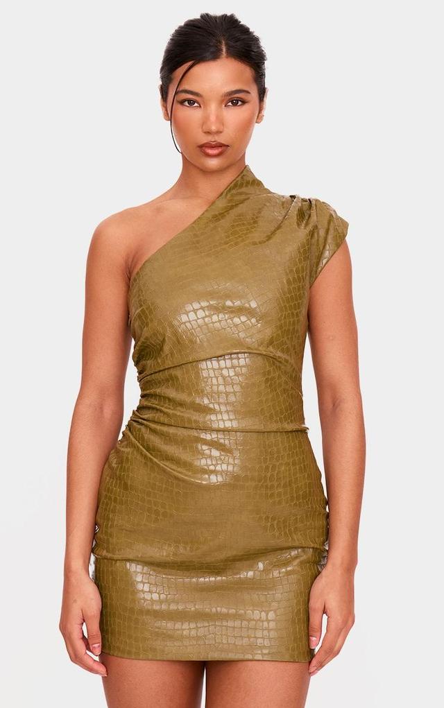 PLT Label Olive Croc Faux Leather Asymmetric Bodycon Dress Product Image