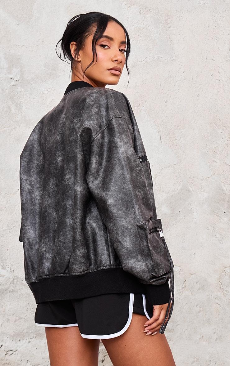 Charcoal Extreme Distressed Faux Leather Bomber Jacket Product Image