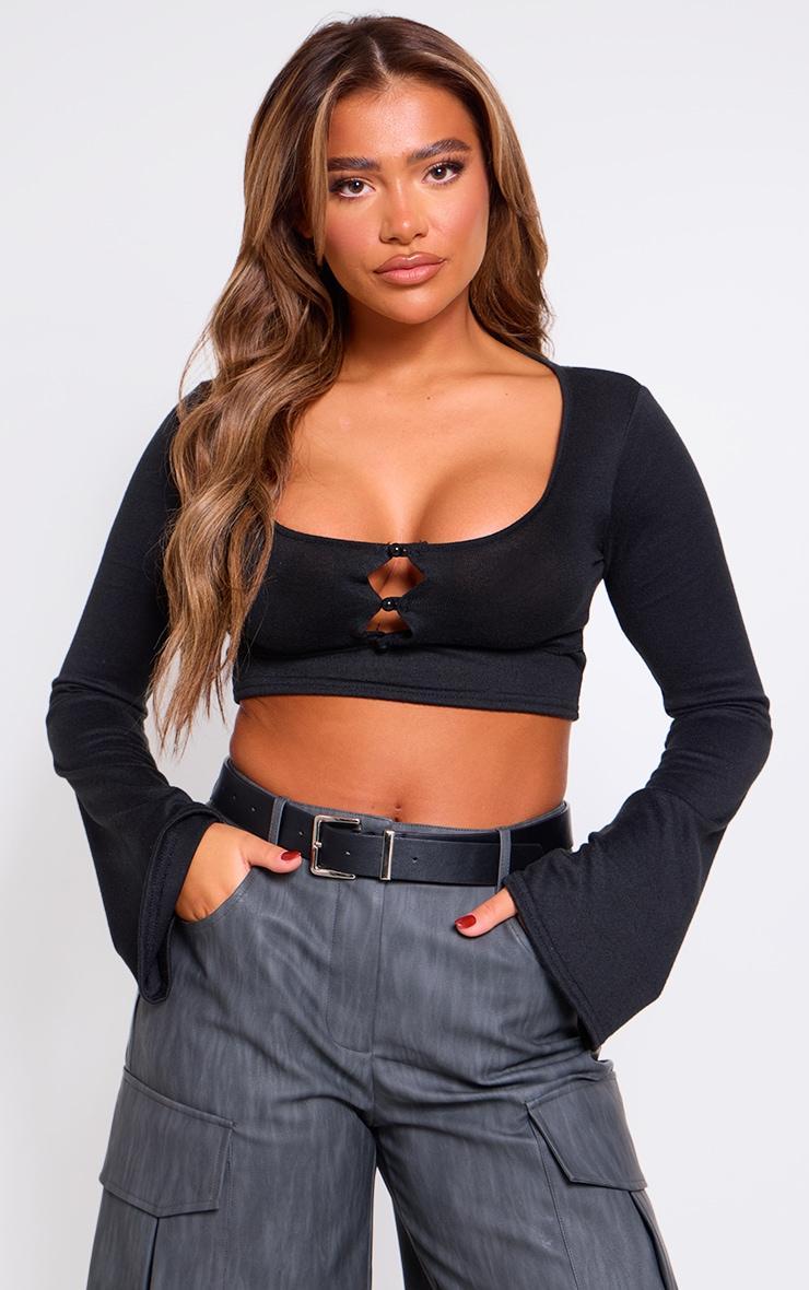 Black Textured Jersey Double Layer Button Up Top Product Image