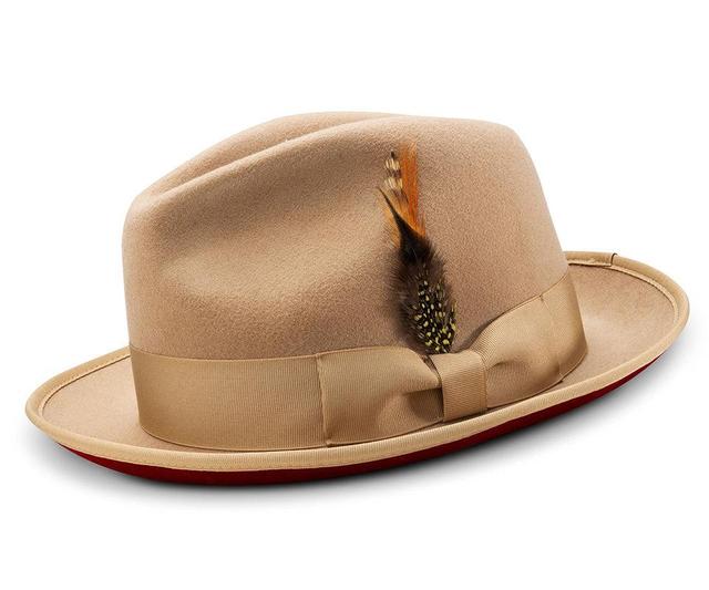 2 ⅜" Brim Wool Felt Dress Hat with Feather Accent Tan with Red Bottom Product Image