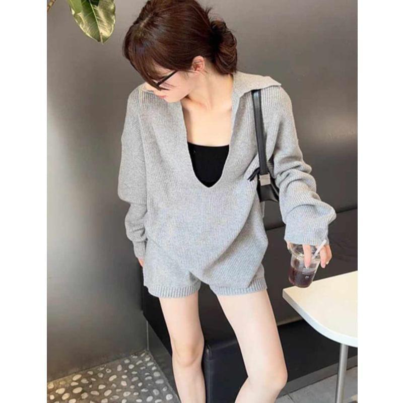 Set: Long-Sleeve Polo-Neck Plain Sweater + High Waist Shorts Product Image