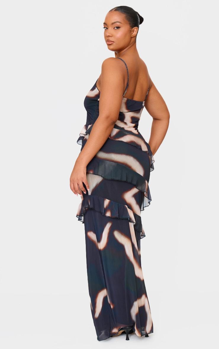 Plus Monochrome Printed Mesh Ruffle Maxi Dress Product Image