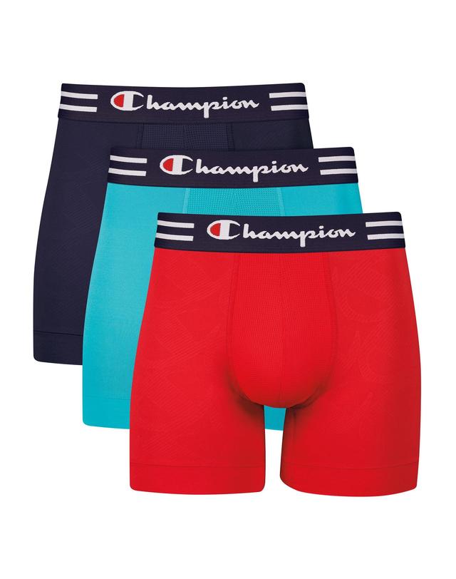 Champion Performance Mens Boxer Briefs Pack, Moisture-Wicking, Anti-Odor, Polyester Spandex, 3-Pack, Navy/Teal/Red Navy Open White Logo/Navy/TealN... Product Image