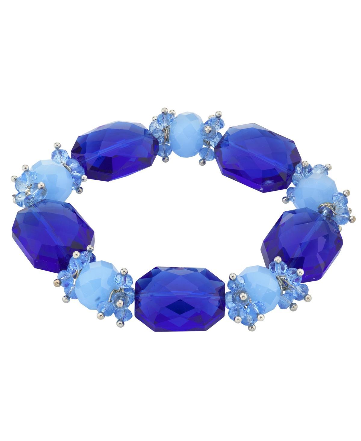 1928 Silver-Tone Bright Blue Beaded Stretch Bracelet, Womens Product Image