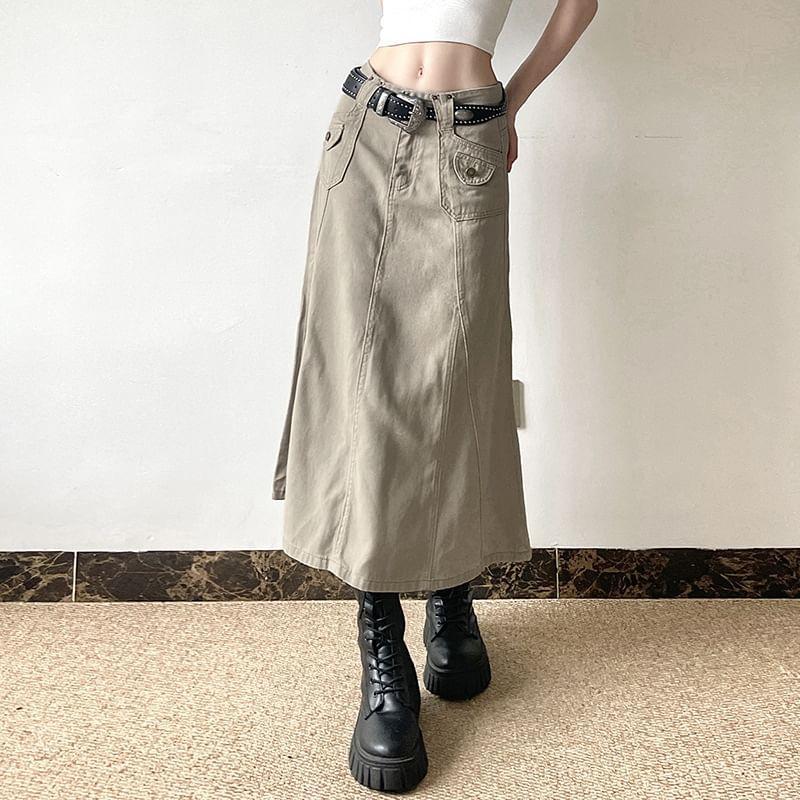 Mid Rise Plain Midi A-Line Cargo Skirt Product Image