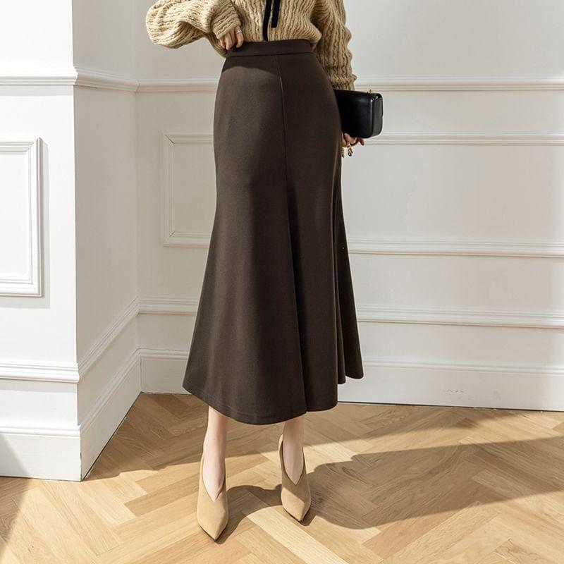 High Waist Plain Midi Fishtail Skirt Product Image