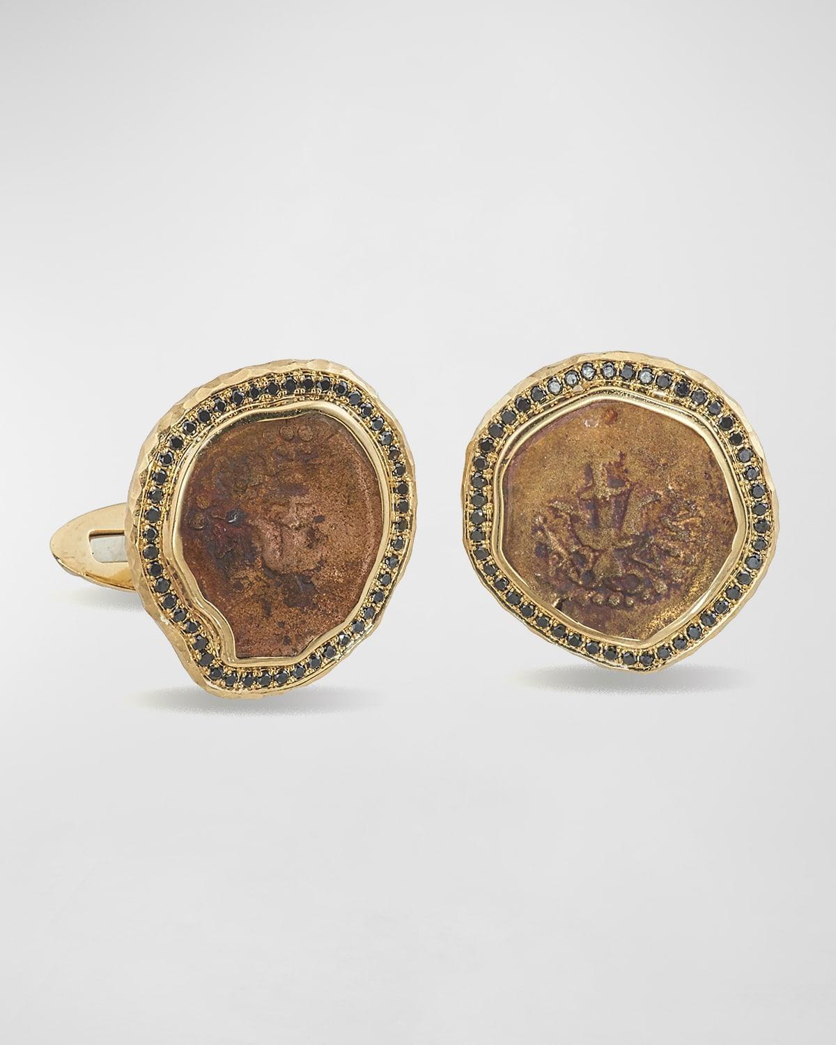 Mens 18k Gold Ancient Coin Cufflinks w/ Black Diamond Trim Product Image