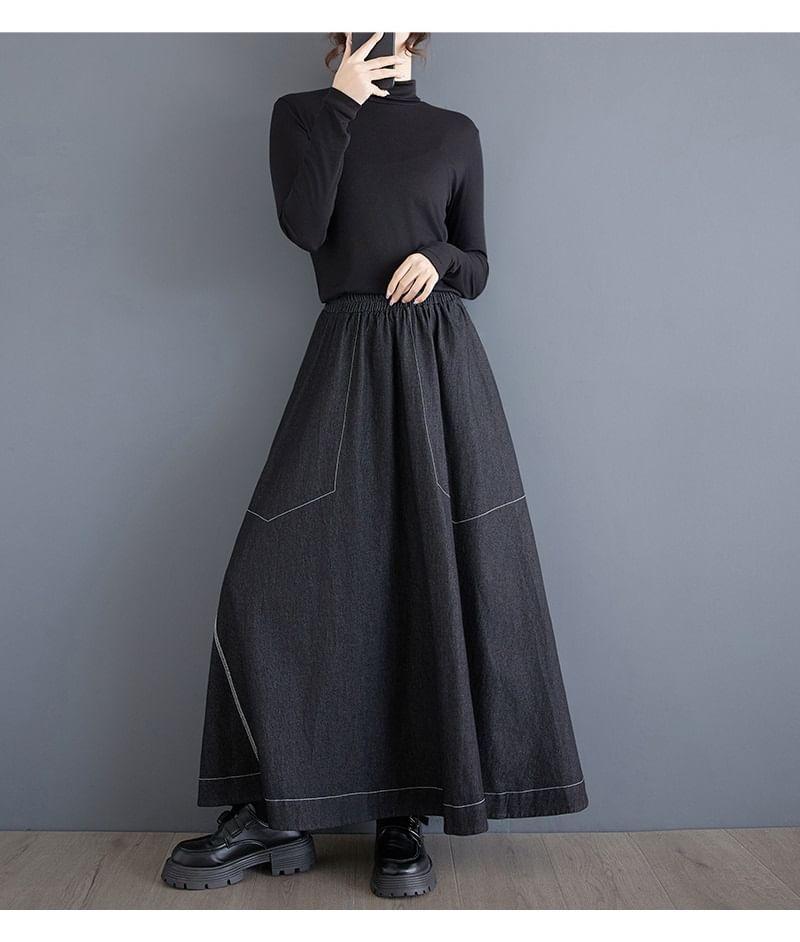 Elastic Waist Contrast Stitched Slit Denim Maxi A-Line Skirt Product Image