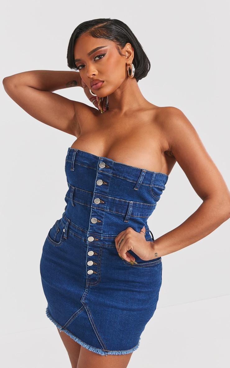 Shape Dark Blue Denim Button Front Bandeau Dress product image