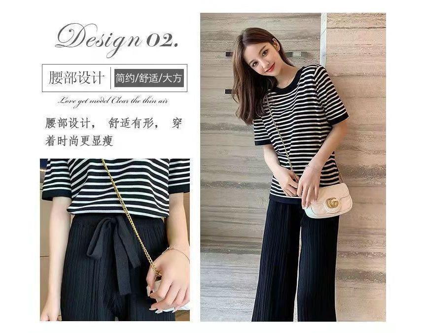 Set: Short-Sleeve Striped Knit Top + High Waist Wide Leg Pants Product Image