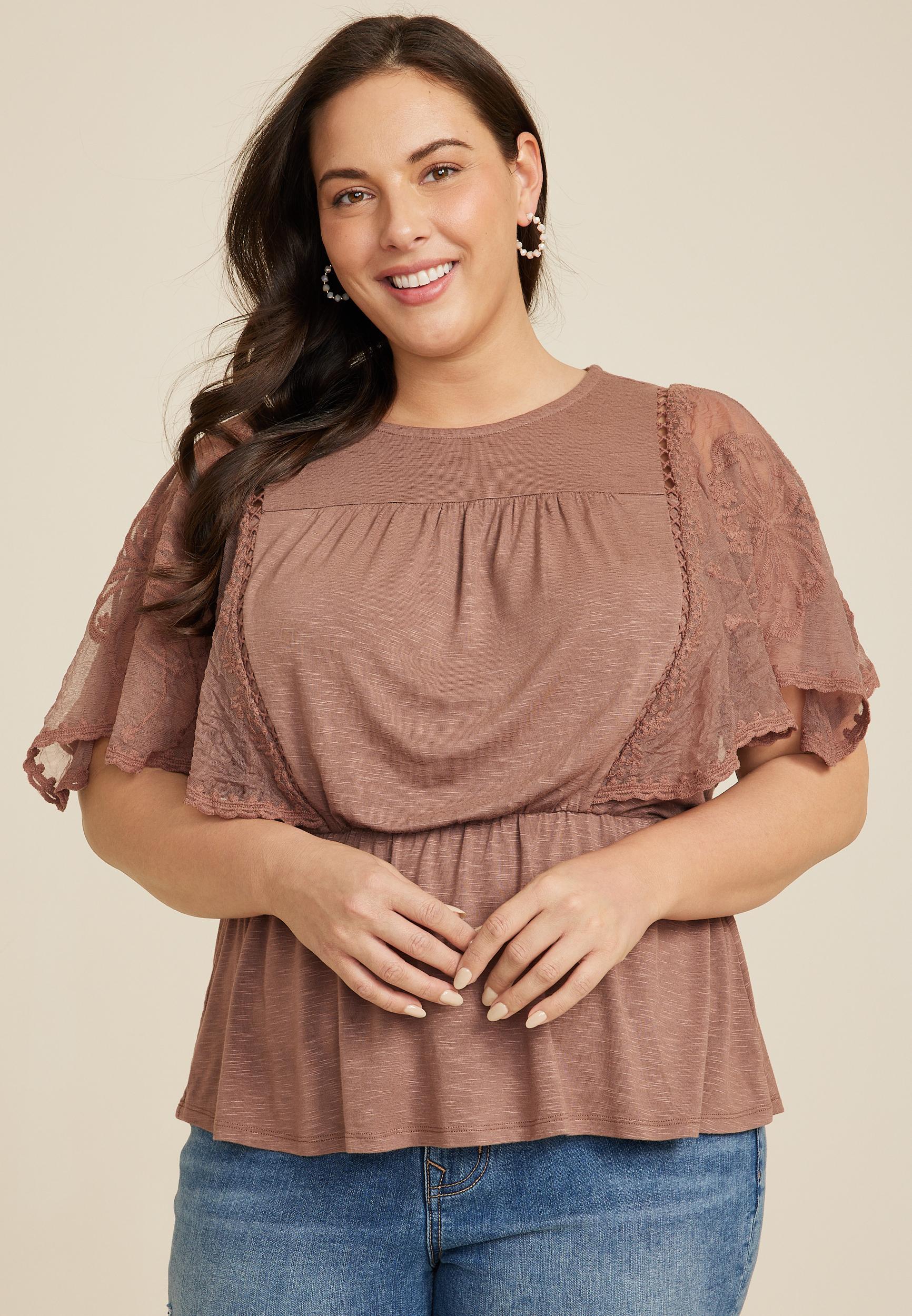 Maurices 1X Plus Size Womens Embroidered Floral Sleeve Peplum Blouse Brown Product Image