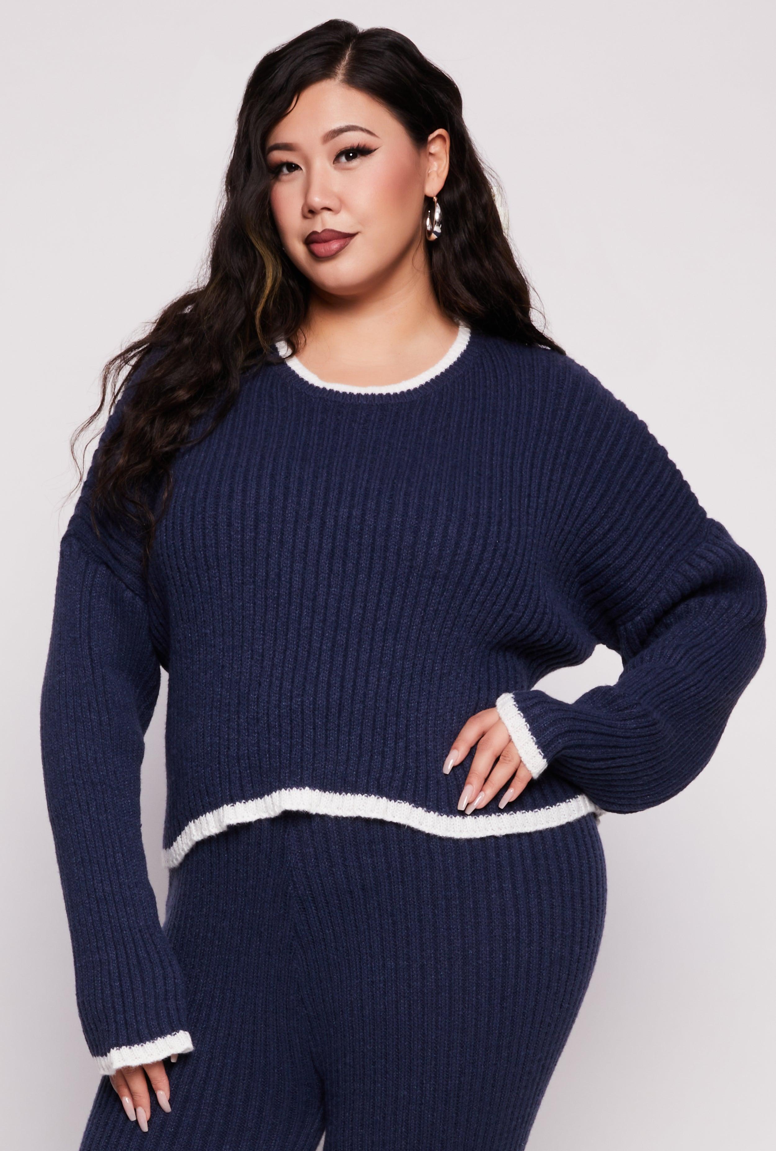 Womens Plus Size Contrast Trim Knit Sweater Product Image