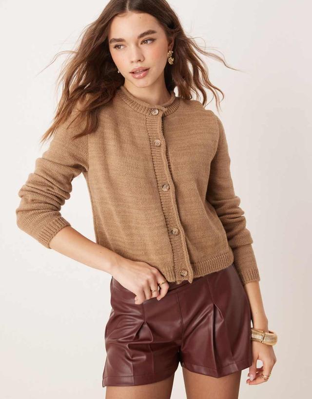 ASOS DESIGN crew neck cardigan with rolled edge detail in taupe Product Image