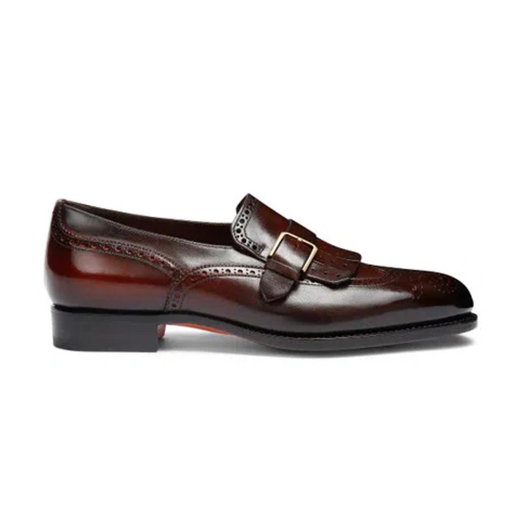 SANTONI Men's Burgundy Leather Single-buckle Loafer With Fringe Product Image