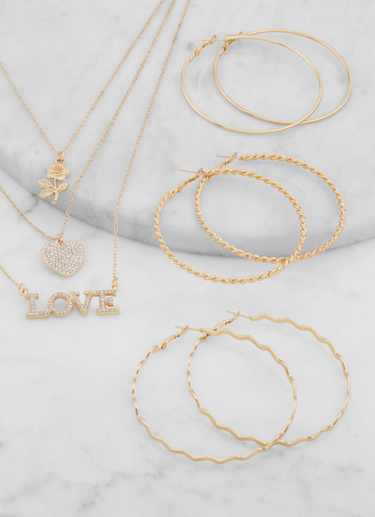 Layered Love Necklace and Hoop Earrings Set Female Product Image