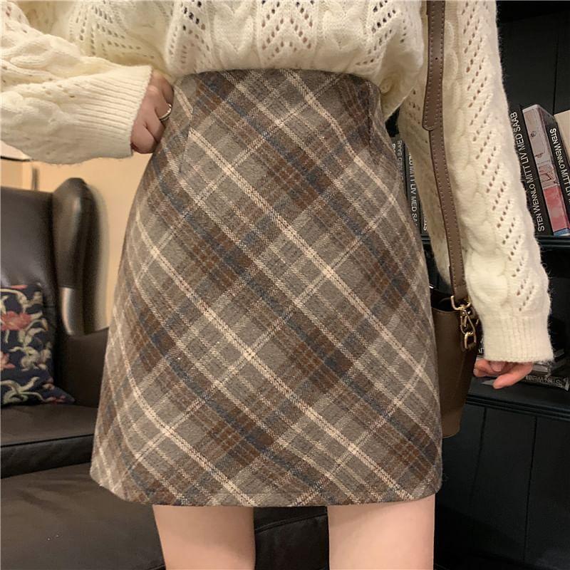 High Waist Plaid Mini Pencil Skirt Product Image