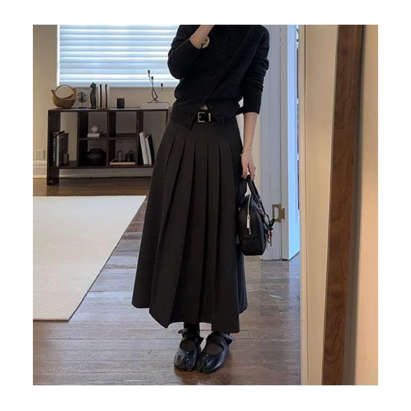 High Rise Plain Pleated Midi A-Line Skirt Product Image