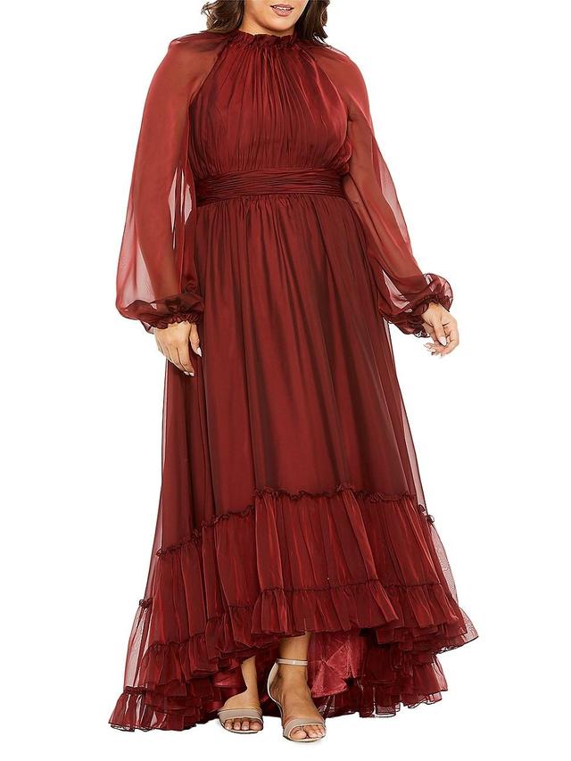 Womens Plus Size Ruffled Puff-Sleeved Chiffon Gown Product Image