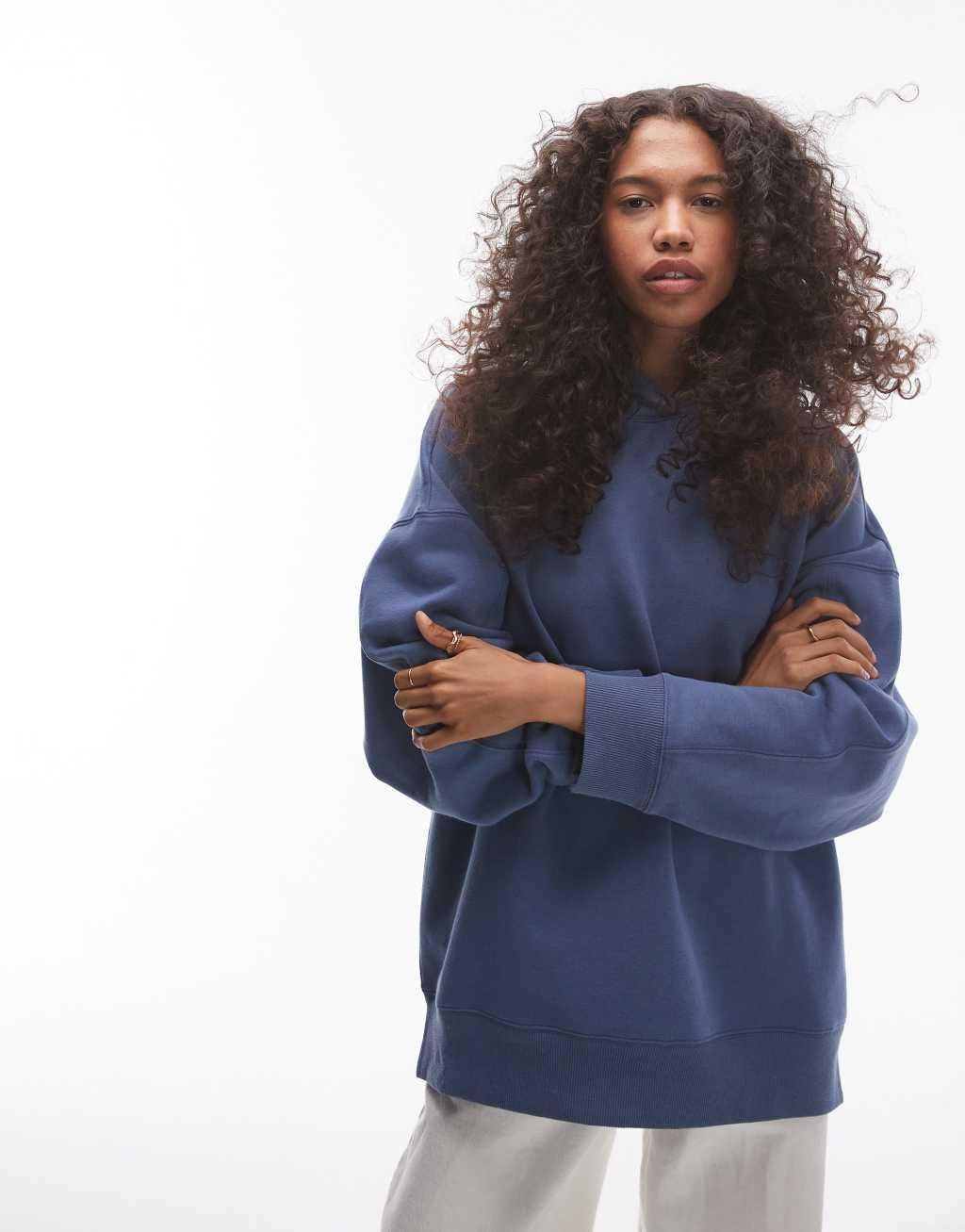 Topshop premium oversized hoodie in blue Product Image