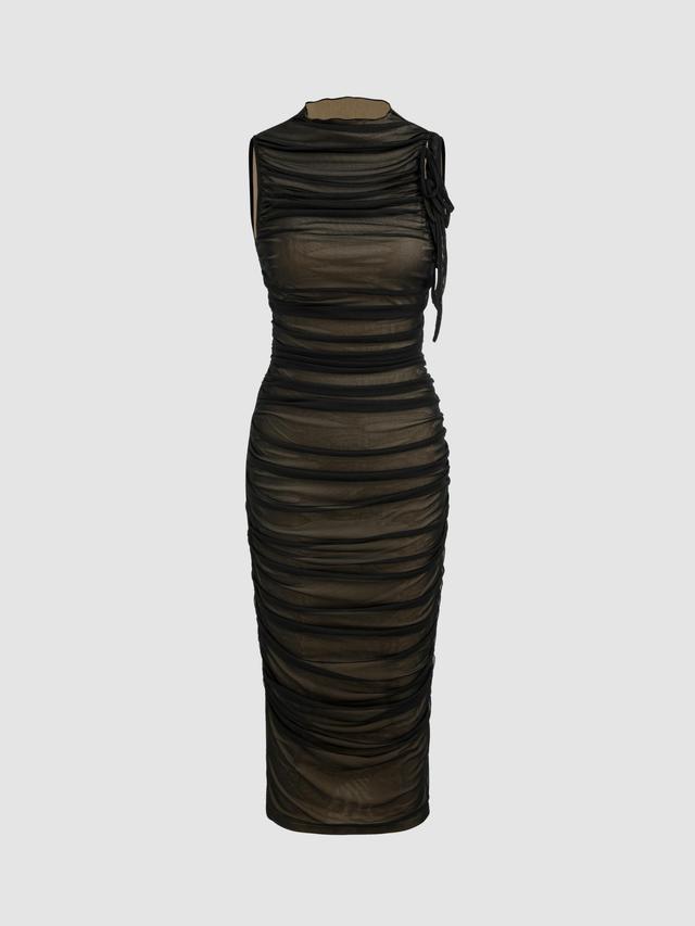 Mesh Ruched High Neck Midi Dress Product Image