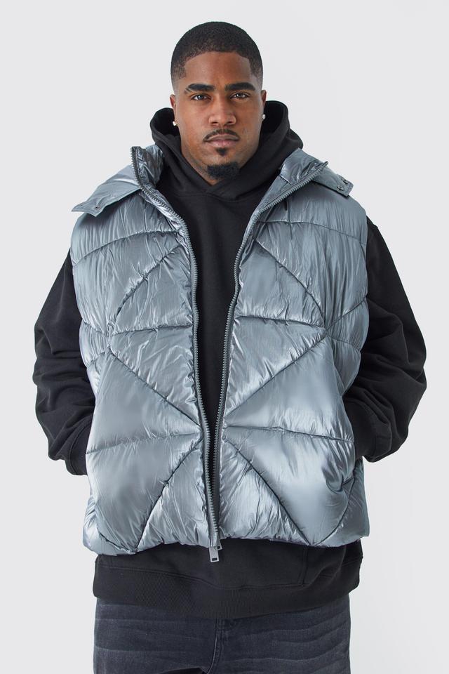 Plus Metallic Quilted Gilet With Hood | boohooMAN USA Product Image