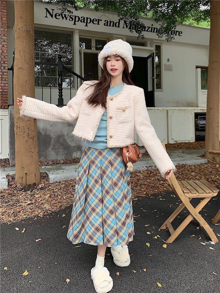 Crew Neck Striped Button-Up Crop Jacket / High Rise Plaid Pleated Midi A-Line Skirt Product Image