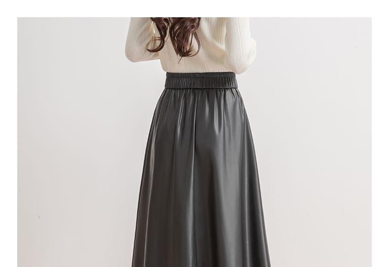 High Waist Faux Leather Midi A-Line Skirt Product Image