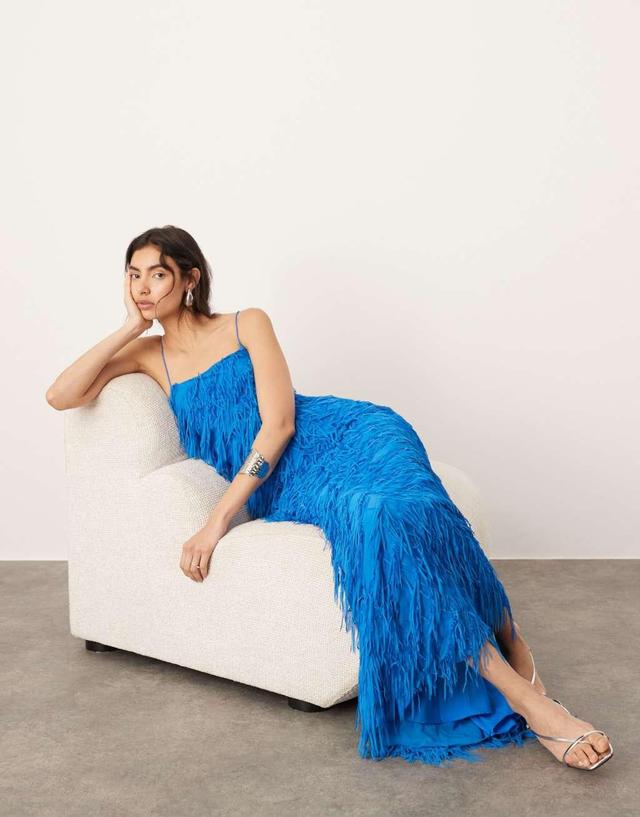 ASOS EDITION textured fringe cami maxi dress with low back in blue Product Image