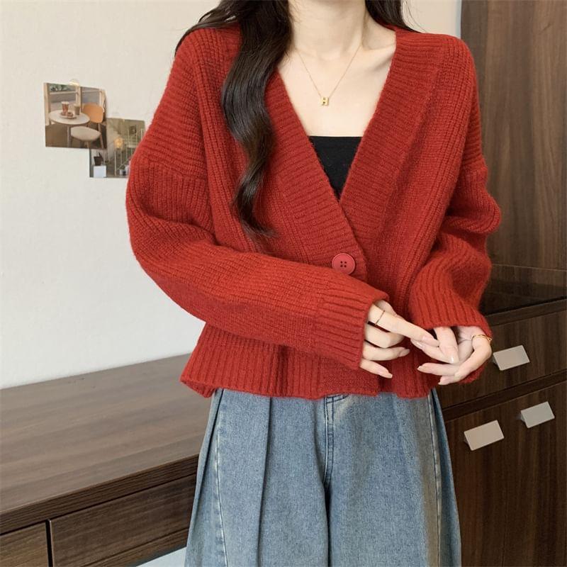 V-Neck Plain Ribbed Single-Button Cardigan Product Image