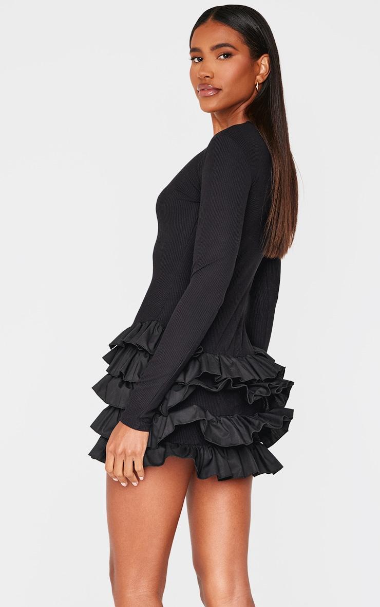 Black Ribbed Long Sleeve Frill Mini Dress Product Image