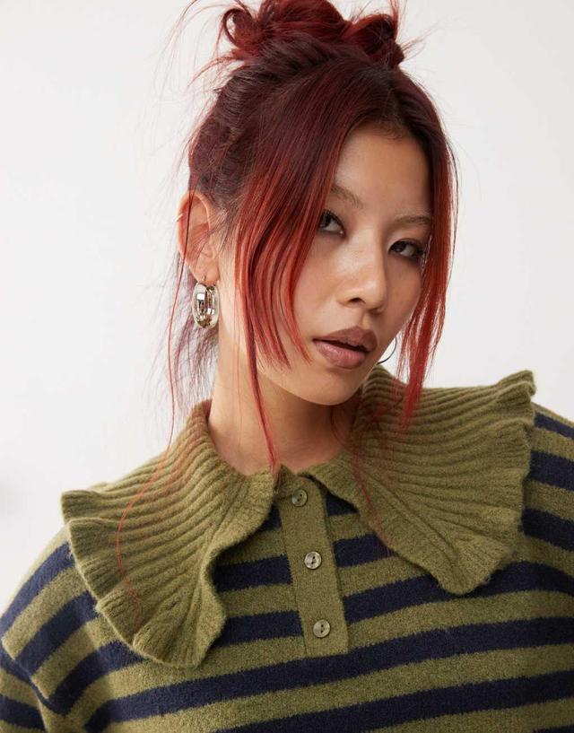 Monki long sleeve collar polo knit sweater in khaki stripe Product Image