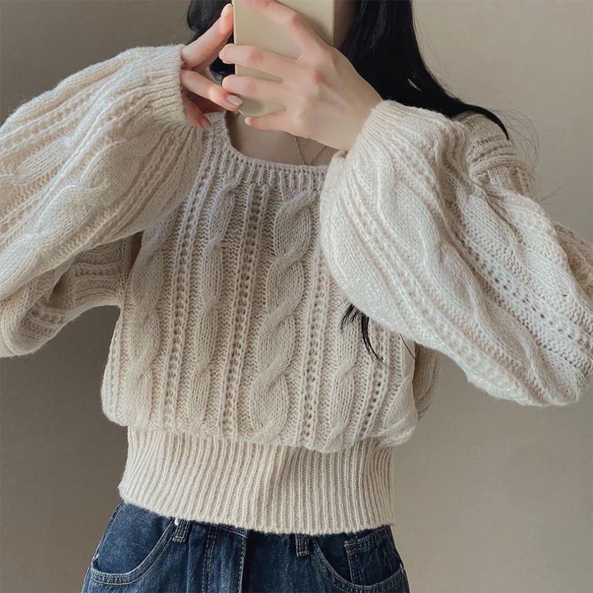 Square Neck Cable Knit Plain Crop Sweater Product Image