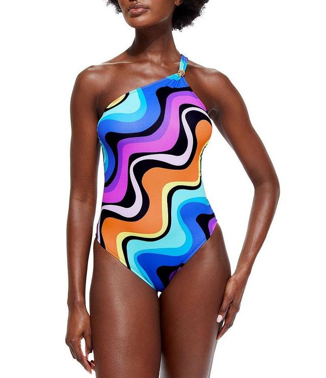 Kurt Geiger London Kensington Wave Stripe One Shoulder High-Cut Leg One Piece Swimsuit Product Image