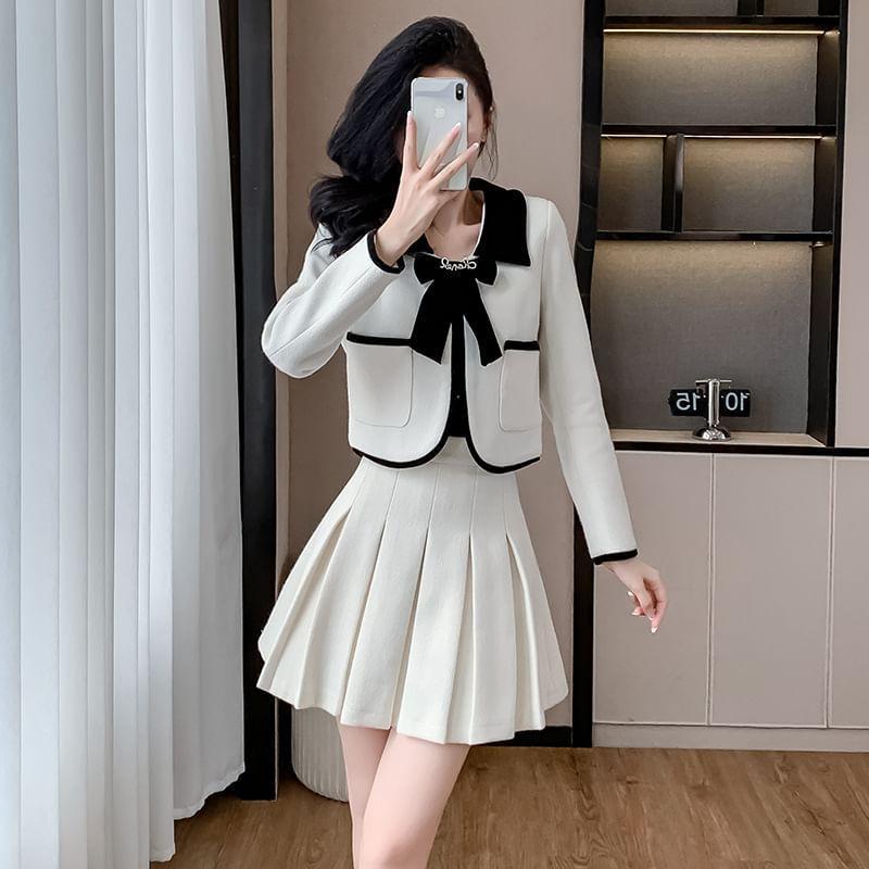 Set: Contrast Trim Bow Jacket + High Rise Plain Pleated Mini A-Line Skirt Product Image