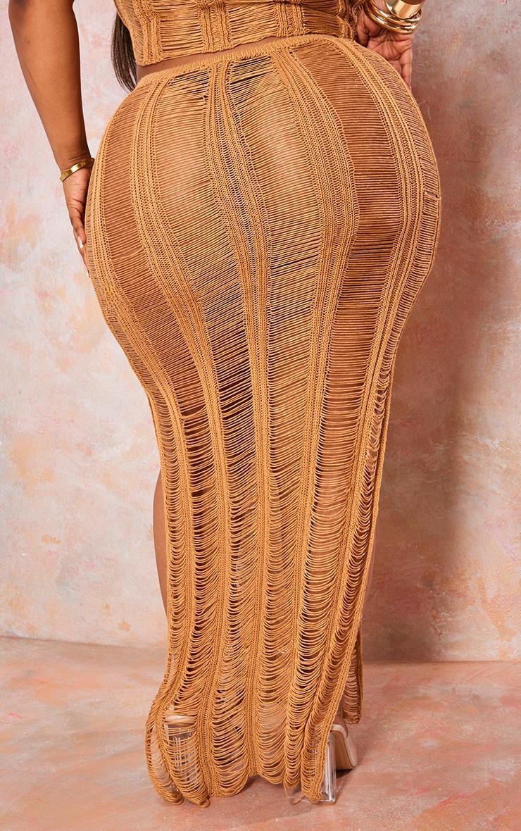 Plus Tan Distressed Knitted Midaxi Skirt Product Image