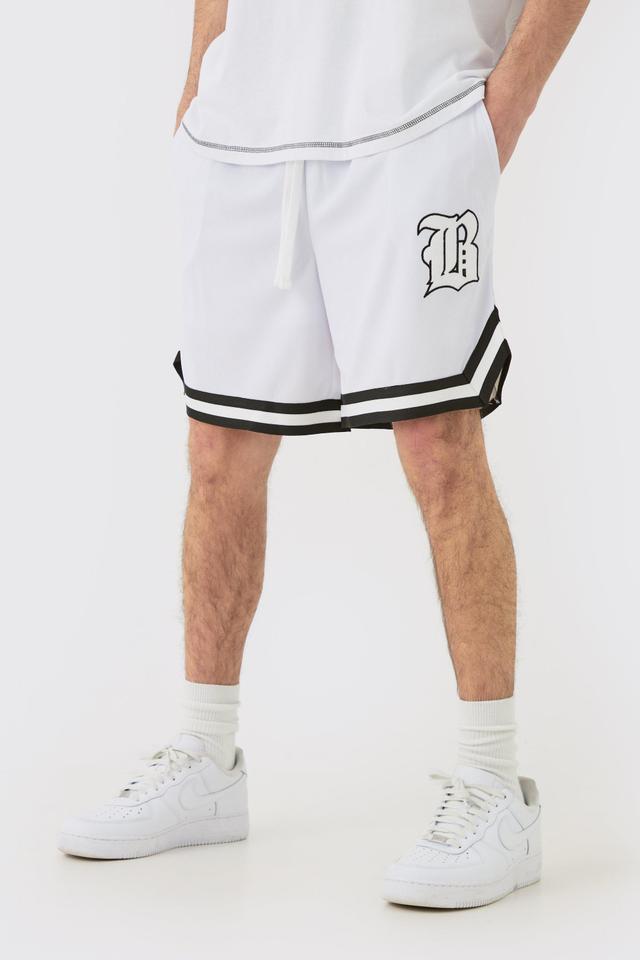 Mens White Loose Fit B Applique Mesh Short Length Basketball Short, White Product Image