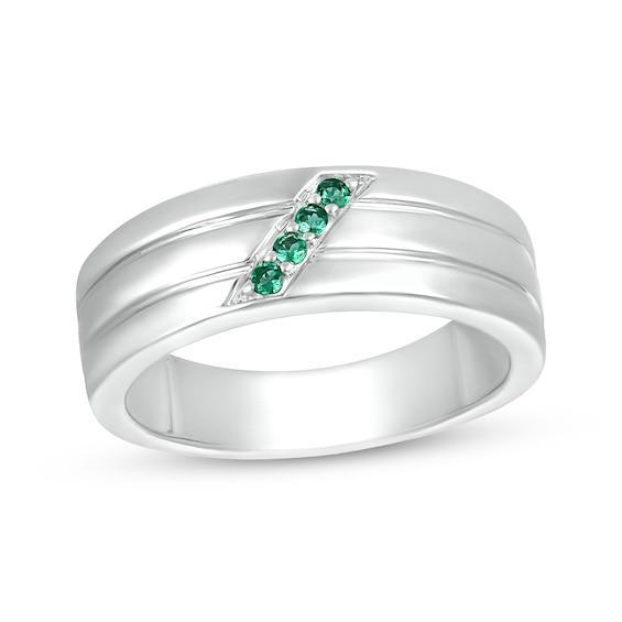 Men's Lab-Created Emerald Slant Multi-Row Ring in 10K White Gold Product Image