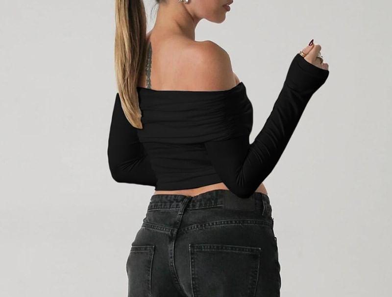 Long-Sleeve One-Shoulder Plain Cropped T-Shirt Product Image