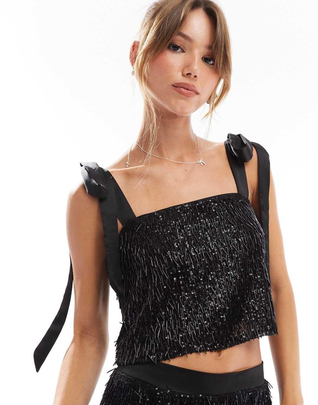 ASOS DESIGN premium beaded tailored top in black Product Image