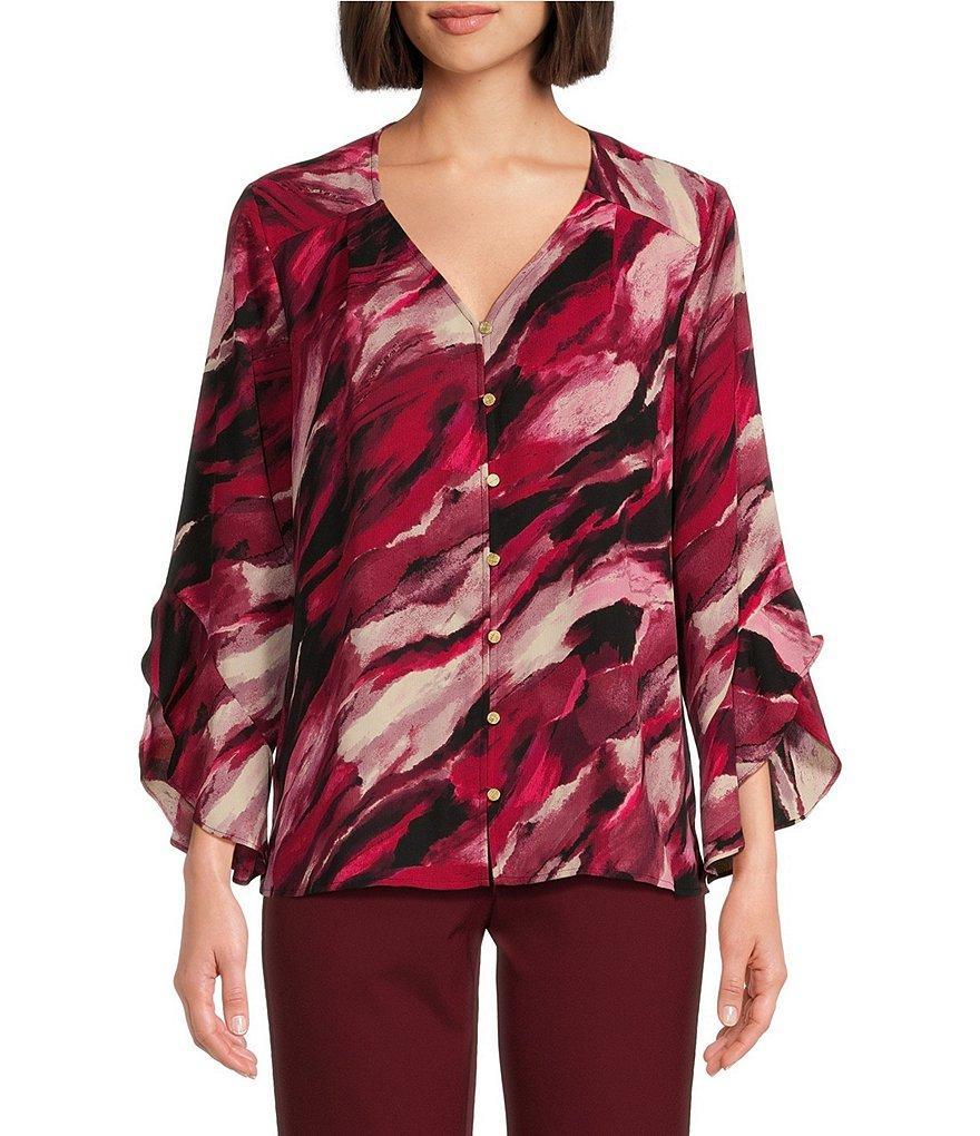 Investments Marbled Beet Print Woven Faux Button Front V-Neck 3/4 Flare Ruffle Sleeve Top Product Image