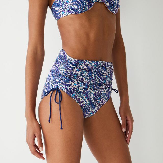 Ruched high-rise bikini bottom with adjustable side ties in purple paisley Product Image