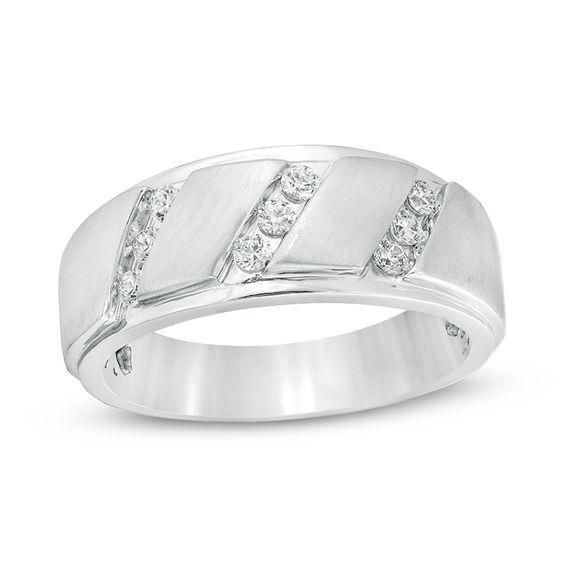 Men's 1/3 CT. T.w. Diamond Triple Row Slant Bevelled Edge Multi-Finish Band in 10K White Gold Product Image