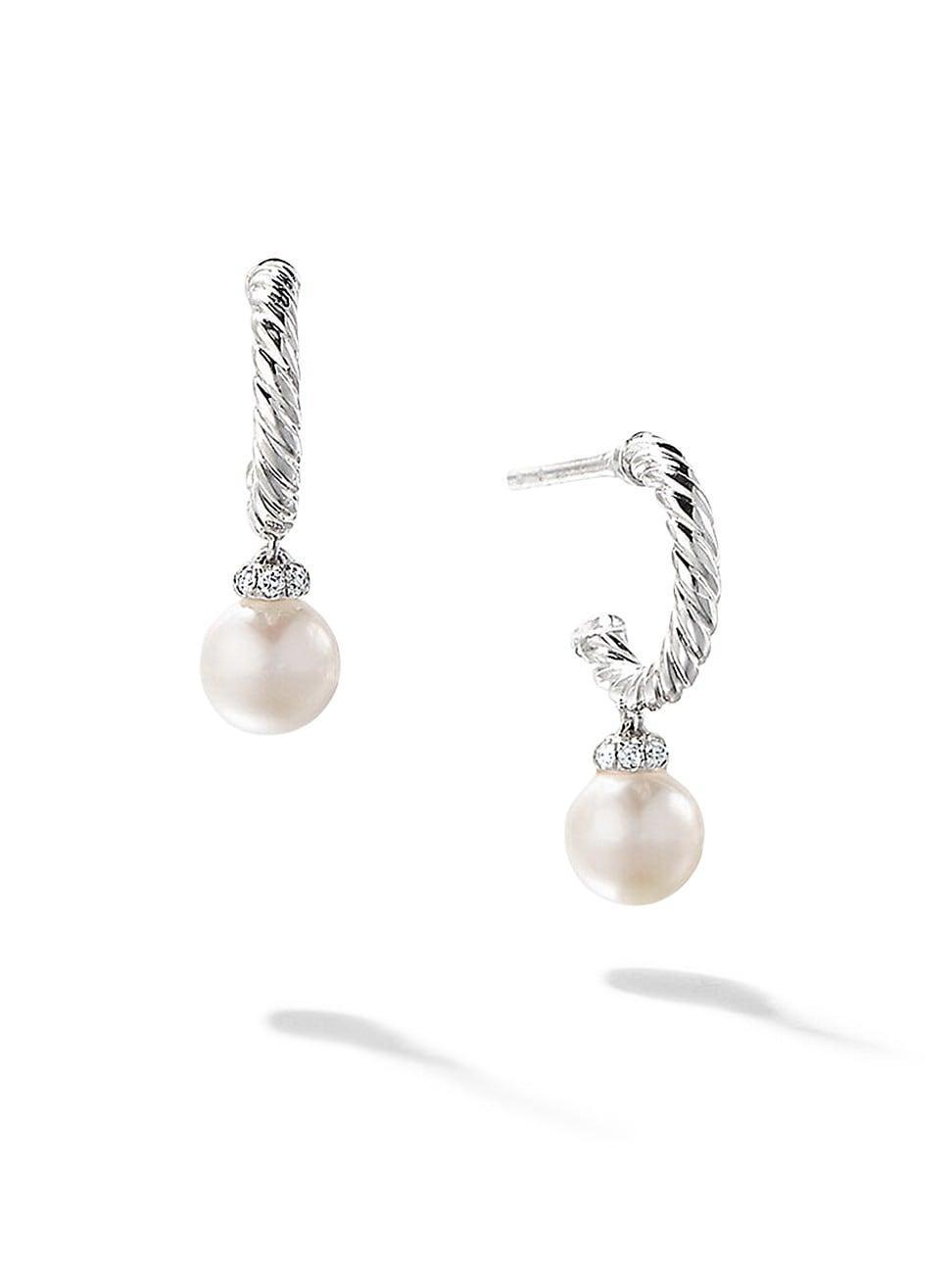 Womens Petite Solari Hoop Drop Earrings in 18K White Gold with Pearls and Pav Diamonds Product Image