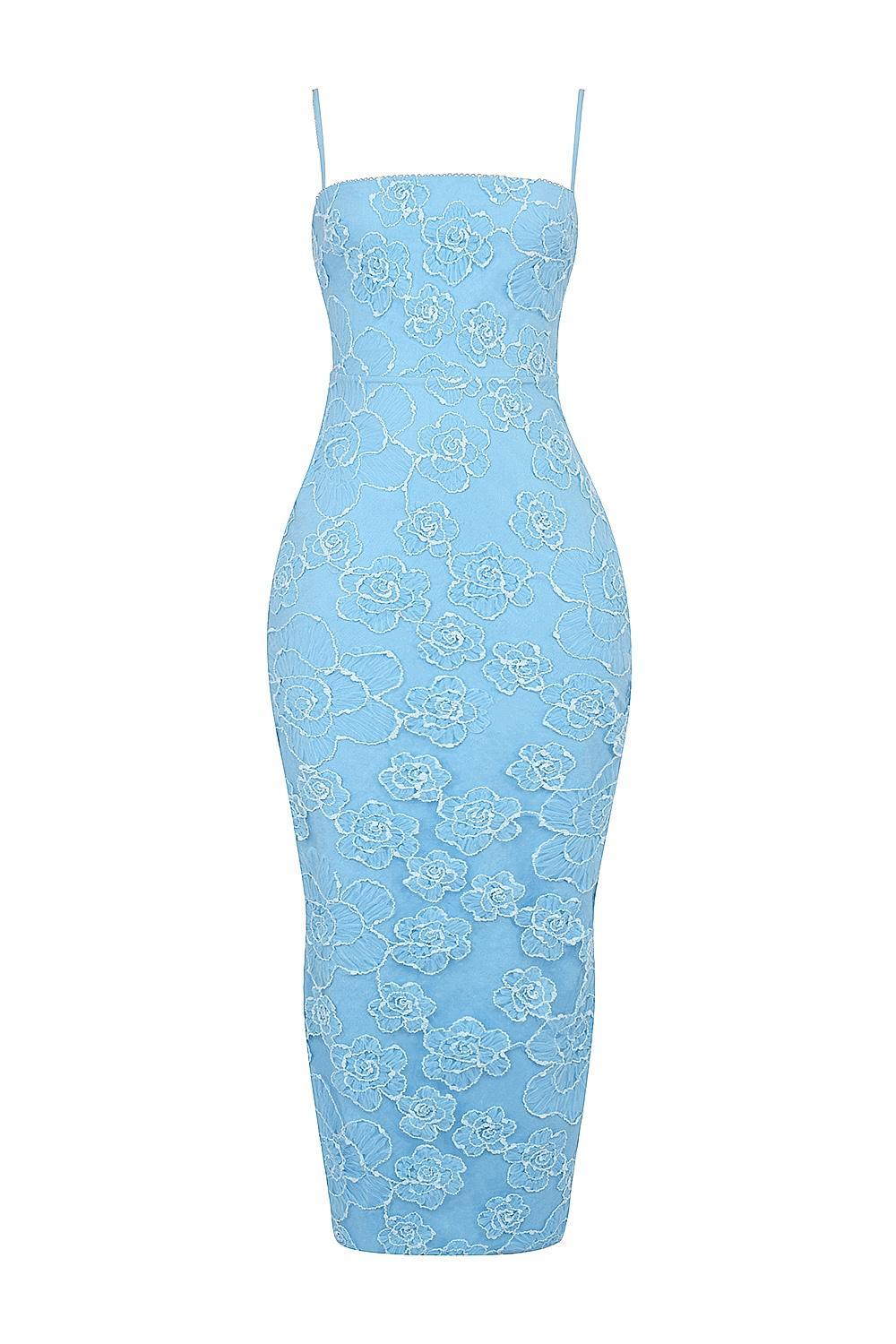 Eva Tuscan Blue Embroidered Floral Maxi Dress Product Image