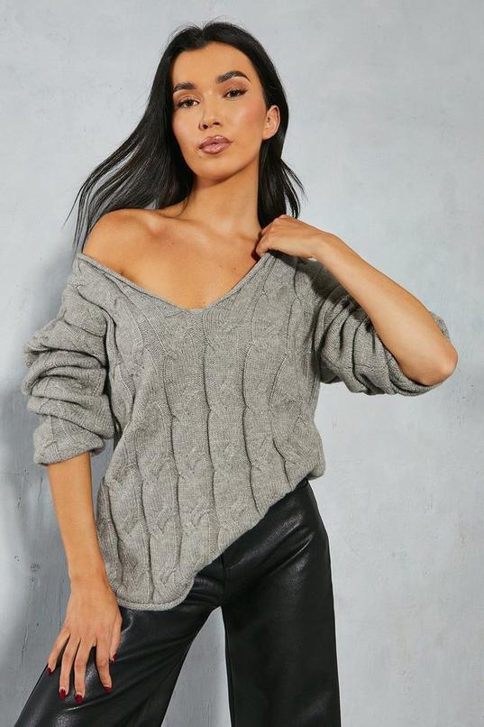 Cable Knit V Neck Oversized Jumper  Product Image