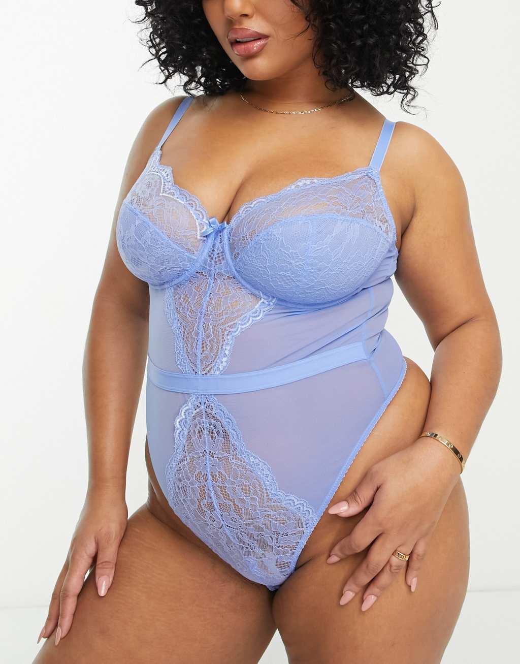 Ivory Rose Curve lace undewired mesh thong bodysuit in blue Product Image