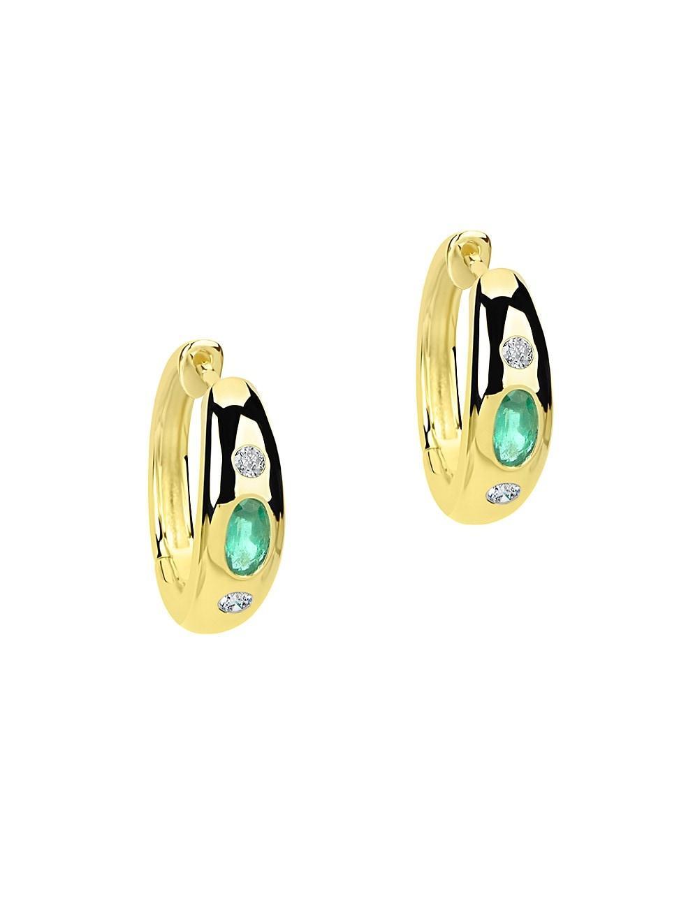 Womens 14K Yellow Gold, Emerald & Diamond Hoop Earrings Product Image