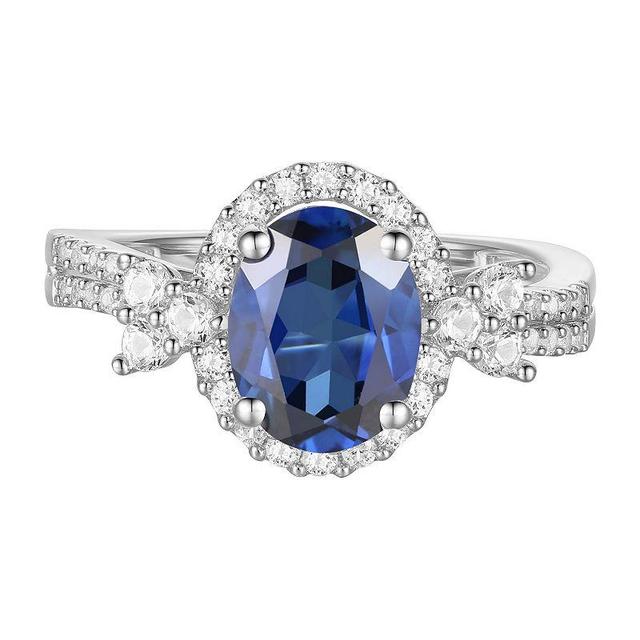 Sterling Silver Lab-Created Blue & White Sapphire Oval Halo Ring, Womens Product Image