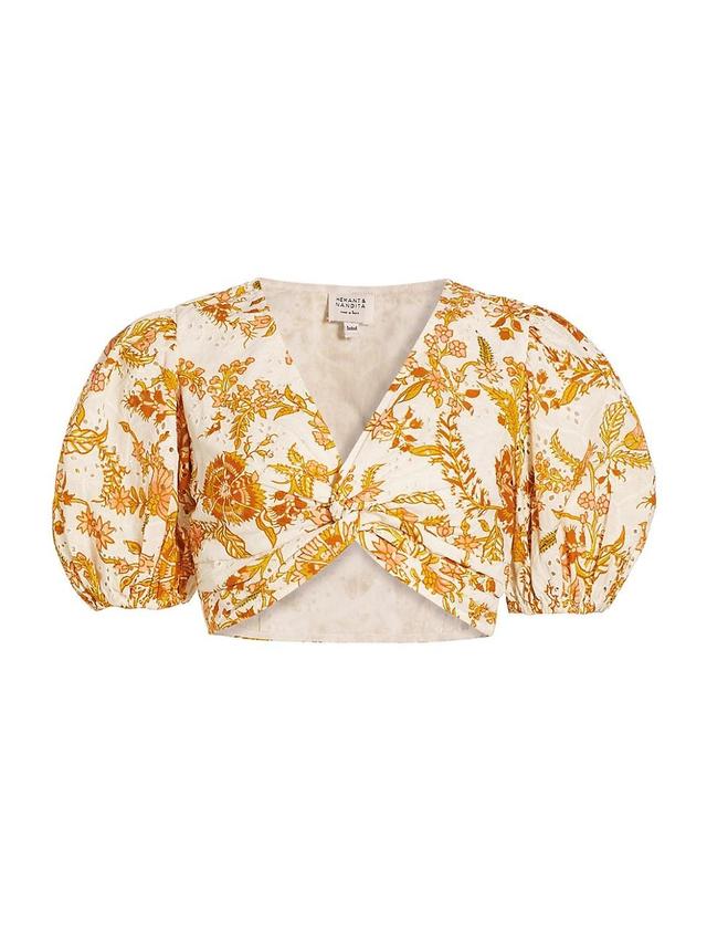 Womens Floral Puff-Sleeve Crop Top Product Image